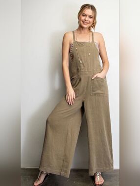 Easel Olive Wide-Leg Cotton Jumpsuit